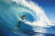 Surfing the crest of a perfect barrel wave under a clear blue sky. Challenge Concept