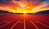 Fototapeta  - Empty Running Track in Stadium with Vibrant Sunset Sky, Inviting Atmosphere for Sports and Athletics