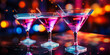 Elegant martini glasses with vibrant neon light reflections and swirling liquid, set against a dynamic backdrop of bokeh lights and nightclub ambiance