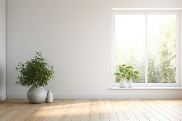 Wall Mural - An empty room with a potted plant placed in front of a window. Suitable for interior design or home decor concepts