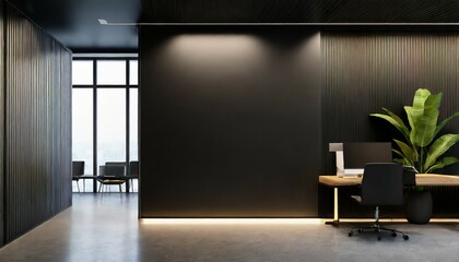 Wall Mural - front view of a blank black wall background with empty space for sign or digital screen in a corridor of modern loft office interior 3d rendering mockup