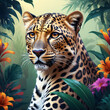 illustration of a portrait of a leopard, exotic flowers planty background, ready to print, digital art 