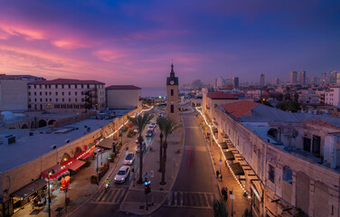 Sticker - Jaffa Clock Tower in Tel Aviv - Yafo sunset aerial panorama