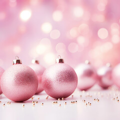 Wall Mural - Pink Christmas background with festive Christmas balls. Holiday pink backdrop with copy space.
