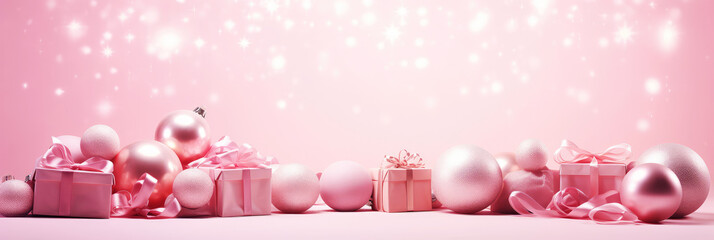 Wall Mural - Pink Christmas background with festive gift boxes and Christmas balls. Holiday pink Christmas and New Year backdrop with copy space.