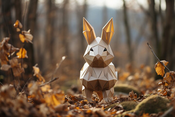 Fototapete - A charming cubic rabbit, its ears and fluffy tail formed by geometric shapes, adding a touch of modernity to this beloved woodland creature.