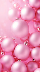 Wall Mural - Pink Christmas background with festive Christmas balls. Holiday pink backdrop with copy space.