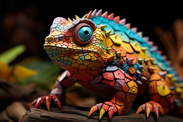 Poster - A playful depiction of a cubic chameleon, showcasing its ability to blend into its surroundings through a colorful and geometric camouflage.