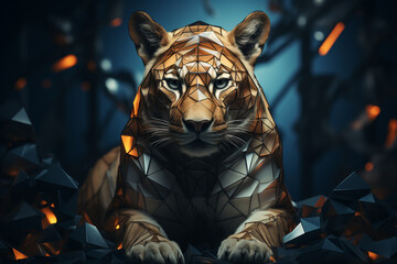 Poster - A geometric interpretation of a lioness, her fierce yet graceful form captured through a captivating arrangement of angular elements.