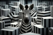 A vibrant depiction of a cubic zebra, its iconic black and white stripes reimagined through a visually engaging combination of geometric patterns.