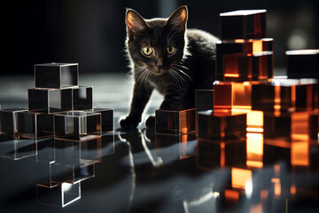 Aufkleber - A playful depiction of a cubic cat, its sleek and agile form brought to life through a delightful composition of geometric elements.