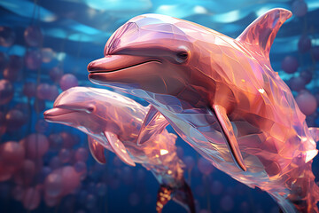 Aufkleber - A digital artwork featuring a cubic dolphin pod, their graceful forms and synchronized movements captured through a harmonious blend of geometric shapes.