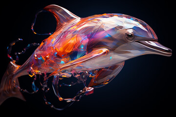 Aufkleber - A digital artwork featuring a cubic dolphin pod, their graceful forms and synchronized movements captured through a harmonious blend of geometric shapes.