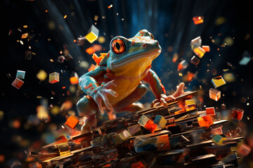 Poster - A dynamic illustration of a cubic frog, its leaping pose and amphibious charm captured through a striking arrangement of geometric shapes.
