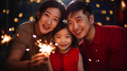 Wall Mural - Chinese New Year, happy people with sparklers. 