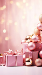Wall Mural - Merry Christmas background with pink festive gift boxes and Christmas balls. Holiday pink Christmas and New Year composition with copy space.