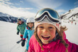 Winter sport happy girl, child and friends selfie portrait on snow mountains landscape