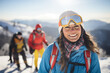 Winter sport smiling young woman selfie portrait against snowy mountains landscape
