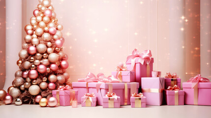 Wall Mural - Merry Christmas background with pink festive gift boxes and Christmas balls. Holiday Christmas and New Year composition with copy space.