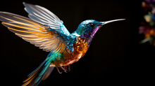 Hummingbird And Flower, A Hummingbird Is Flying In The Dark And Has A Purple Background With Stars And Stars, Hummingbird Composed Of Tiny Fractal Patterns