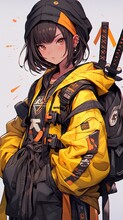 Cute Anime Teenage Girl In A Yellow Jacket And Two Swords, Banner, Vertical, Illustration