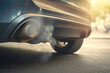 A car's exhaust pipe emitting toxic smoke, illustrating the environmental concern of air pollution caused by vehicle emissions.