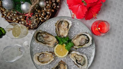 Wall Mural - Fresh oysters on ice rotating, Christmas New Year decoration, glasses of champagne. Top view