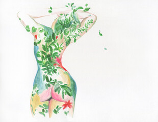 Wall Mural - woman body with plants. watercolor painting. illustration