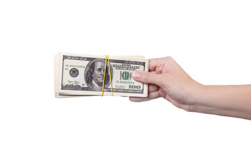 Hand gives stack of money on the right . Money in a hand isolated on transparent background