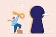 Goal achievement concept. Key to success, unlock secret door to growing business, opportunity for career path, confidence businessman holding golden key and running to unlock keyhole to reach target.