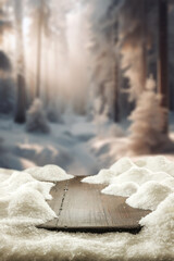 Wall Mural - Wooden desk cover of snow flakes and blurred landscape of mountains. Cold december day. Empty space for your products. Mockup background and christmas time. Natural light. Snow and frost decoration.