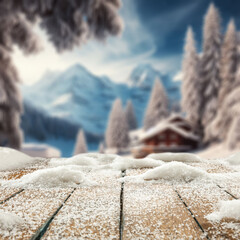 Wall Mural - wooden desk cover of snow flakes and blurred landscape of mountains. cold december day. empty space 