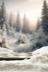 Wall Mural - wooden desk cover of snow flakes and blurred landscape of mountains. cold december day. empty space 