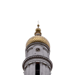 Church tower with golden dome and cross on a transparent background