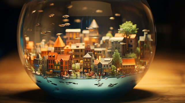 Fishbowl that's also a bustling underwater city with tiny fish-people