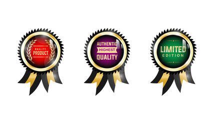 Quality product badge medal collection. Set of luxury premium quality golden labels on a white background. Advertising and promotion banner labels