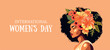 Portrait banner of a black African girl. Side pose. Beautiful lush flowers in your hair. Hairstyle. Poster card for Women's Day. Vector flat bright illustration