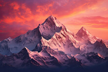 Snowy Mountain Range With The Sunset