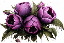 Polymer Clay Purple Tulips Black Floral Bouquet With Rain Drops On Each Petal