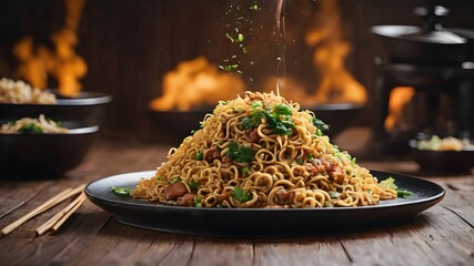 A Plate Of Hot Fried Noodles Full Of Fried Meat