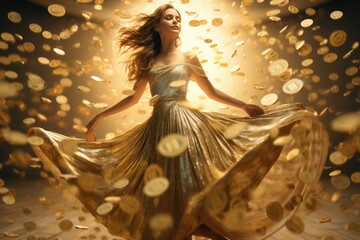 Girl in a dress made of gold coins spins in full height.