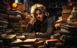 Fototapeta  - osoba siedząca w ogromnym stosie tradycyjnych książek.