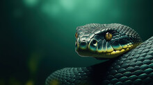 Front View Of Snake On Green Background. Wild Animals Banner With Copy Space