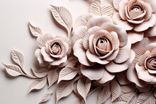 Closeup Of A Beautiful Delicate 3D Pink Paper Origami Rose Flowers And Leaves Background. Nature Beauty Concept