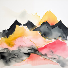 An abstract expressionist watercolor painting depicts rugged mountain forms in bold black and yellow, intersected by delicate pink layers, against a white background, suggesting a dynamic and colorful