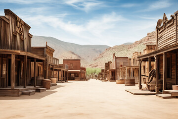 empty street in an old wild west town with wooden buildings