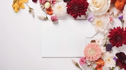 Wall Mural - Top view blank card with flowers Abstract organic flowers Blooming floral on white background