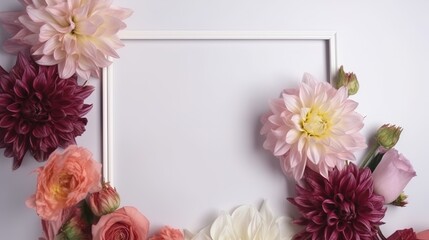 Wall Mural - Mockup of picture frame decorated with spring flowers clean space for text on white background