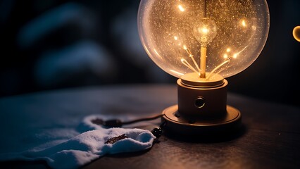 Vintage incandescent lamp on a wooden table in the dark