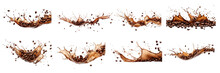 Collection Of PNG. Coffee Splash With Coffee Beans Isolated On A Transparent Background.